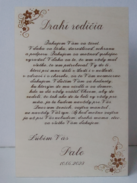 Veľká drevená tabuľka - Poďakovanie rodičom - so stojančekom