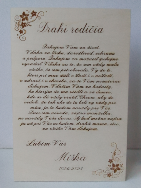 Veľká drevená tabuľka - Poďakovanie rodičom - so stojančekom